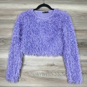 Zara Feather Effect Cropped Purple Sweatshirt Top Sz S